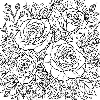 Discover the serene beauty of spring with this exquisite white roses coloring page. Featuring delicate blooms and fresh foliage, it's perfect for a relaxing artistic escape.