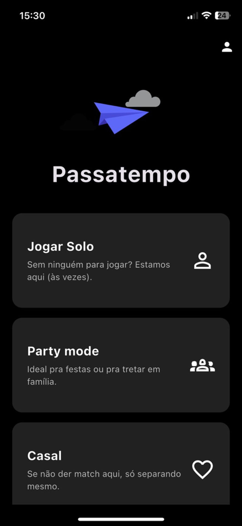 Passatempo - Passatempo 앱의 메인 메뉴로 솔로 파티와 커플 게임 모드를 보여줍니다