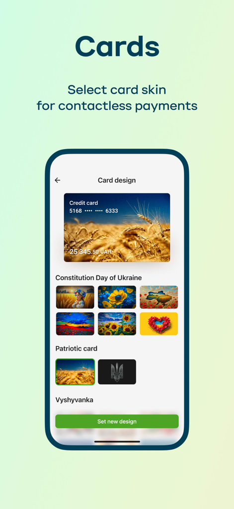 Selection of patriotic Ukrainian card designs in the Privat24 mobile banking app