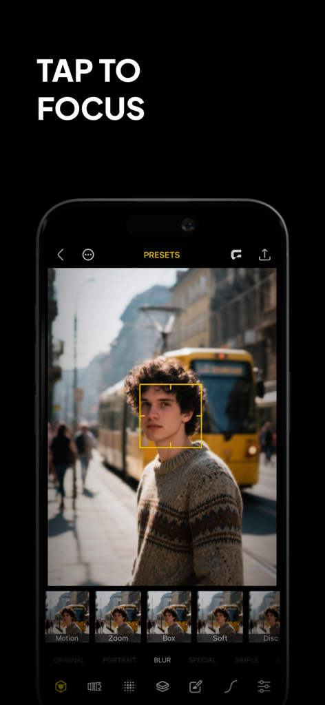 Phocus App-Oberfläche, die die Tap-to-Focus-Funktion auf einem Porträtfoto demonstriert