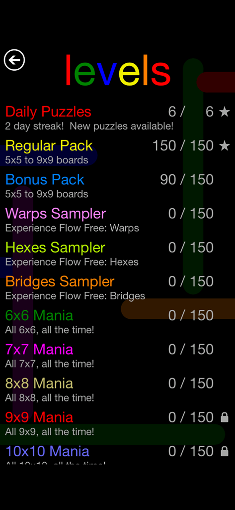 Menú de selección de niveles de Flow Free que muestra varios paquetes de puzzles y el progreso de completación.