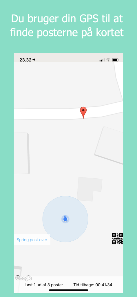 A mobile map interface showing a user GPS location and a red destination pin for an educational scavenger hunt