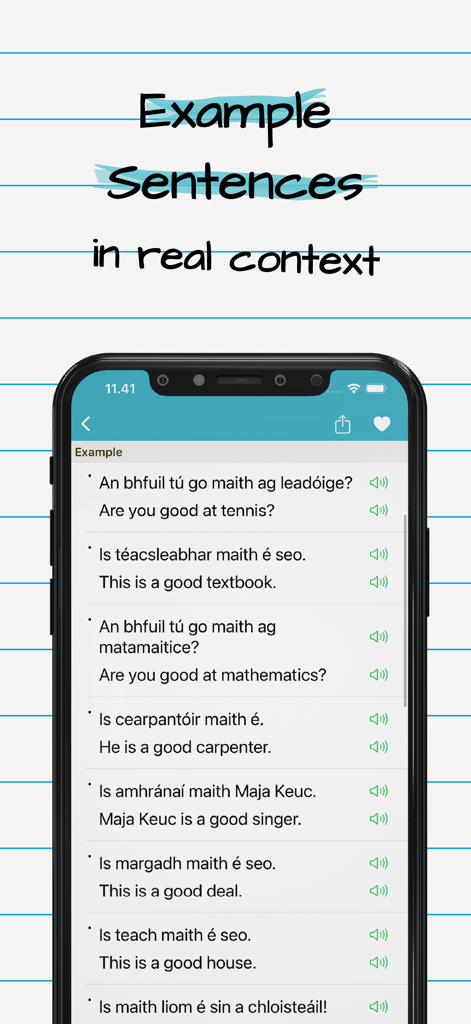 Mobile app interface showing Irish sentences with English translations and audio buttons.