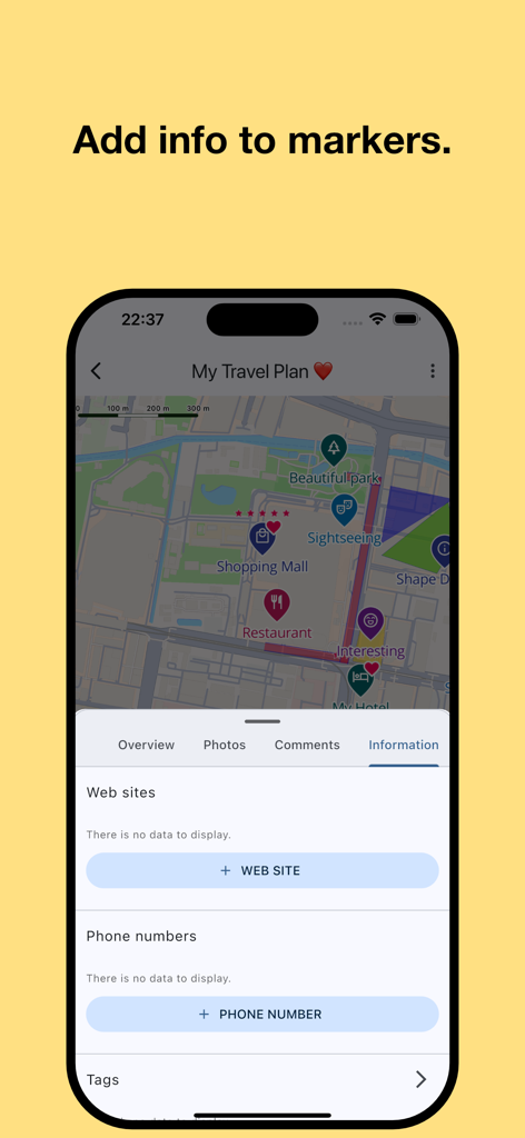 Open Maps: Create & Share - 사용자 지정 마커에 웹사이트 및 전화번호를 추가하는 정보 패널과 핀이 있는 모바일 앱 화면