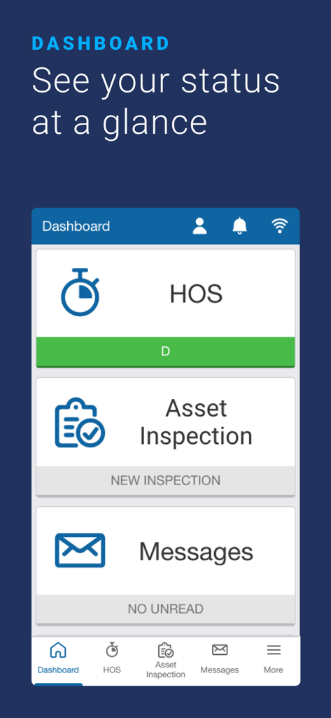 Geotab Drive app dashboard screen displaying status tiles for Hours of Service, Asset Inspection, and Messages