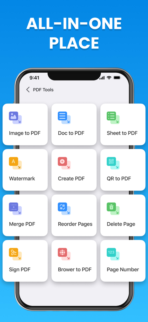 Mobile Print:Scanner & Printer - Interfaz de la aplicación Mobile Print mostrando varias herramientas de PDF como Imagen a PDF, Combinar PDF y Firmar PDF.