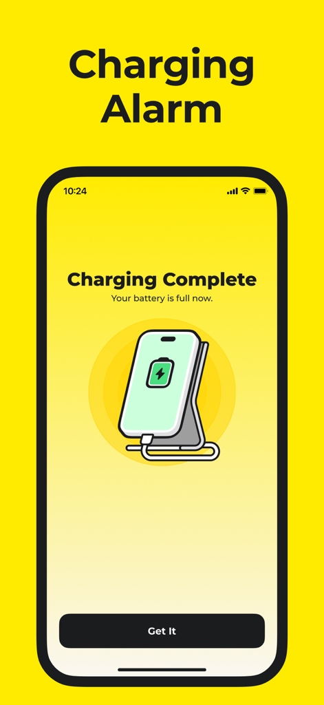 Smartphone app screen displaying a charging alarm notification with a full battery icon on a yellow background