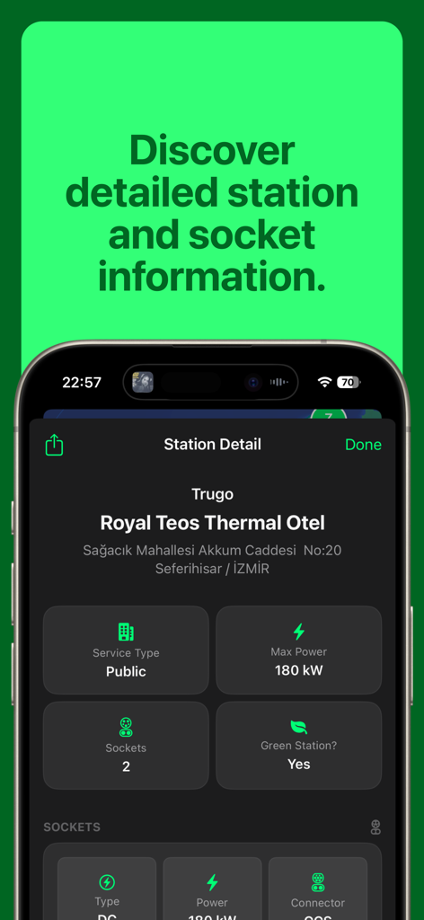 Chargy: EV Charging Stations - A mobile app screen displaying detailed information for an EV charging station including power output and socket types.
