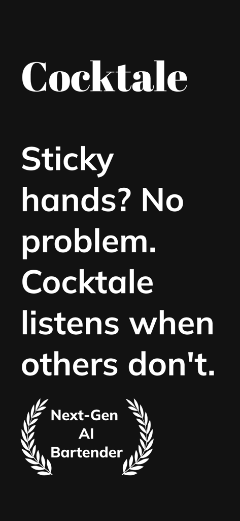 Cocktails & AI Bartender - Cocktale app promotional screen featuring hands-free voice control for making cocktails without touching the screen