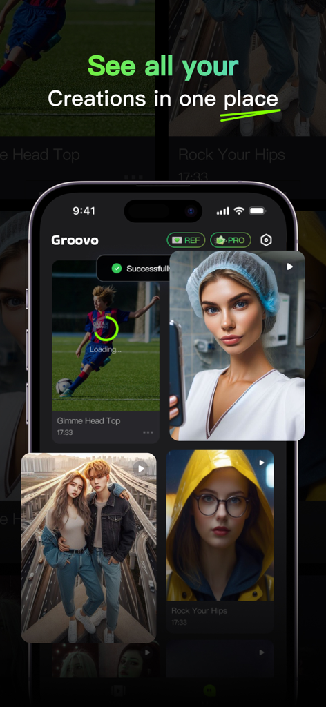 Groovo: Meme Generator - A smartphone display of the Groovo app gallery showing various AI animated video and photo meme creations