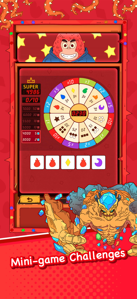 Dicey Elementalist - A colorful mini-game challenge in Dicey Elementalist featuring a reward wheel and elemental dice symbols.