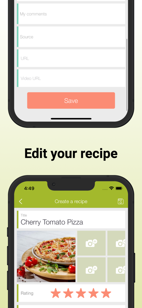 Cookmate - My Recipe Organizer - Mobile interface for creating and editing digital recipes in the Cookmate app