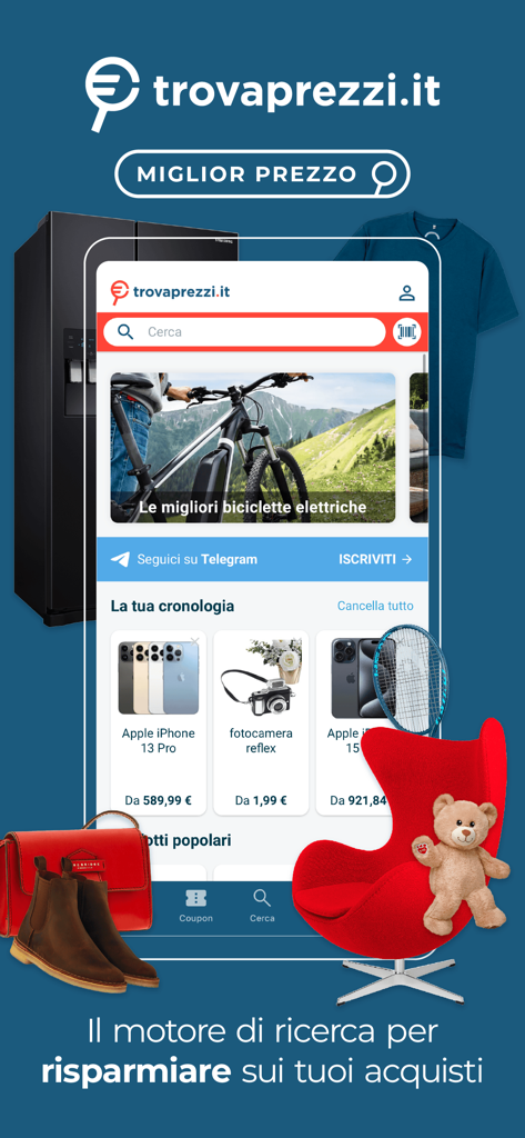 Application Trovaprezzi montrant des comparaisons de prix pour l'électronique et les produits ménagers sur un écran de smartphone