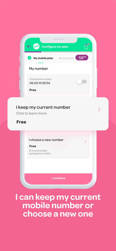 win by inwi - Interface de l'application win by inwi montrant les options pour conserver un numéro de mobile existant ou en choisir un nouveau lors de la configuration du forfait