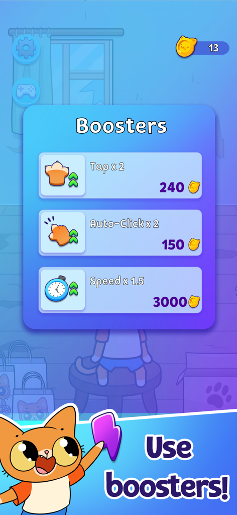 Simba Clicker - Uma captura de tela do menu de boosters em Simba Clicker apresentando atualizações como Tap x2 e Auto-Click x2