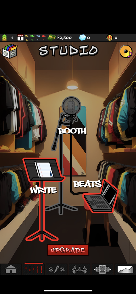 In-game recording studio interface with options for booth, writing lyrics, and creating beats