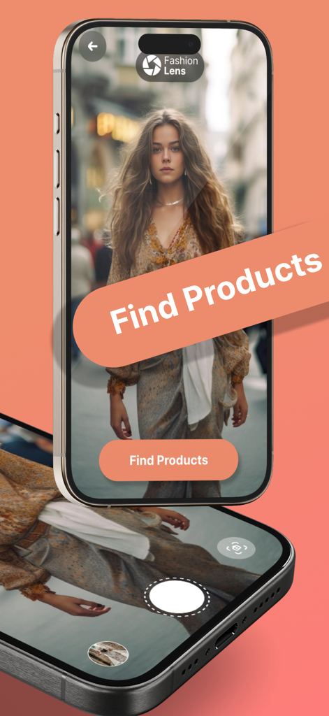 Find clothes - FashionLens Ai - Pantalla de smartphone mostrando la aplicación FashionLens Ai con un botón Buscar Productos para identificar ropa de una foto