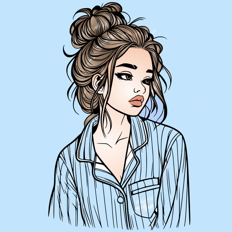 realistic woman with pajamas on and a messy bun