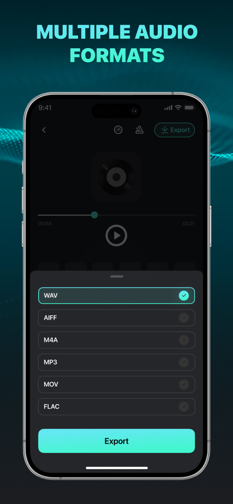 Vocal Remover: Music Splitter - Mobile app interface showing multiple audio export formats including WAV AIFF M4A MP3 MOV and FLAC