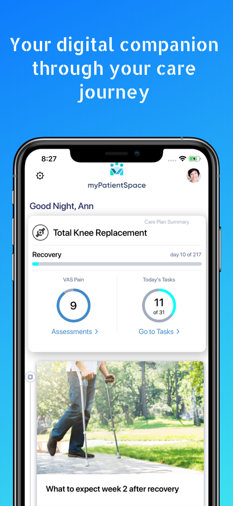 A smartphone displaying the myPatientSpace app with a total knee replacement recovery plan and daily health tasks.