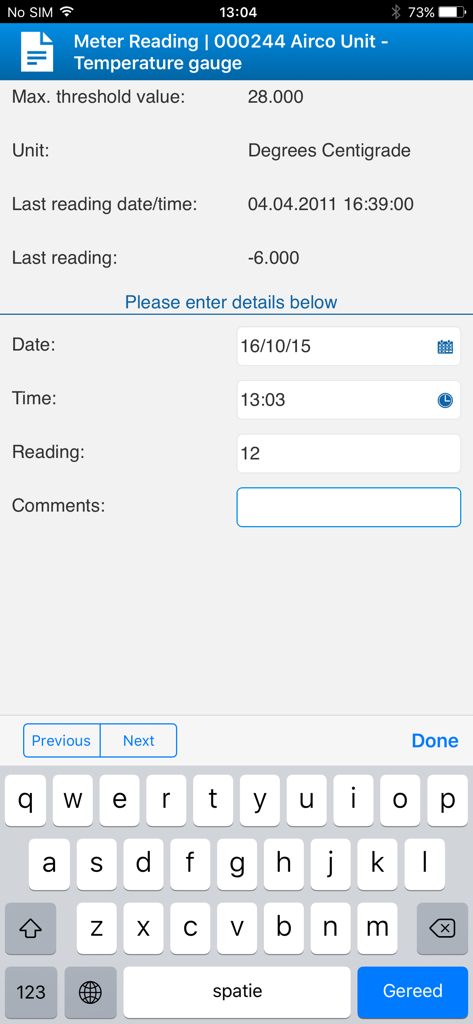 Tela de entrada de leitura de medidor do aplicativo móvel Planon para um medidor de temperatura de unidade de ar condicionado