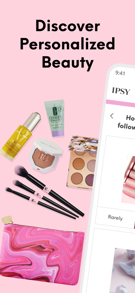 IPSY app screen showing a pink makeup bag and various cosmetics with the text Discover Personalized Beauty