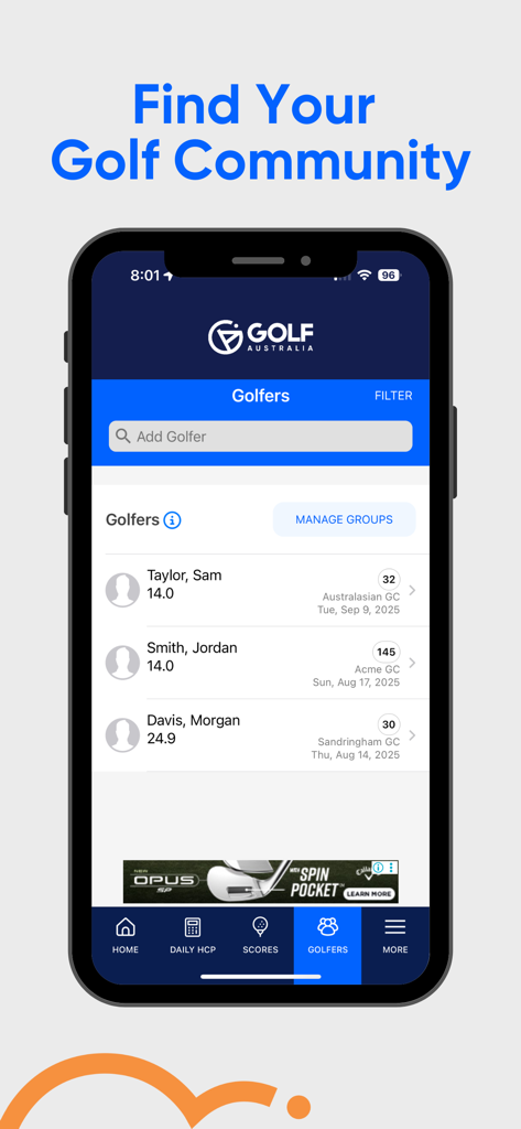 Golf Australia Official App - Golf Australia app screen showing the golfers community list with handicap scores