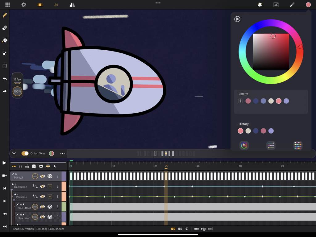 Interfaz de la aplicación de animación 2D Callipeg mostrando un dibujo de un cohete en una línea de tiempo profesional con una rueda de color