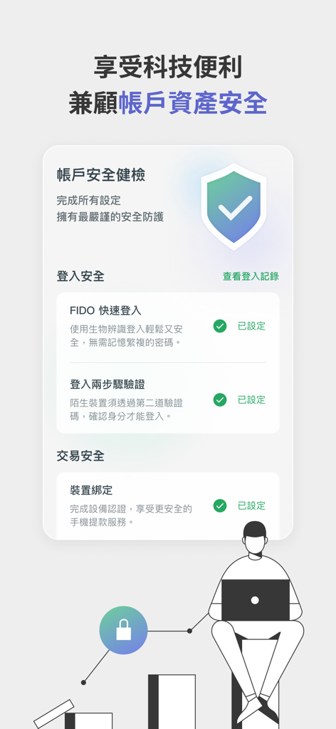 國泰世華網路銀行CUBE - Cathay United Bank CUBE app security dashboard displaying FIDO login and two-step verification settings
