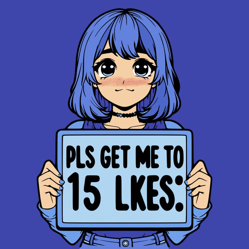 realistic girl holding up a sign that says “pls get me to 15 likes!”
