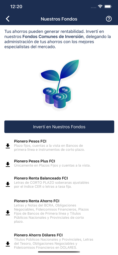 Interface of Banco Macro app displaying various mutual fund investment options for users.
