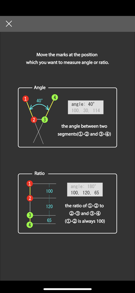 Angle & Ratio - Pantalla instructiva que muestra cómo medir ángulos y ratios usando cuatro puntos numerados