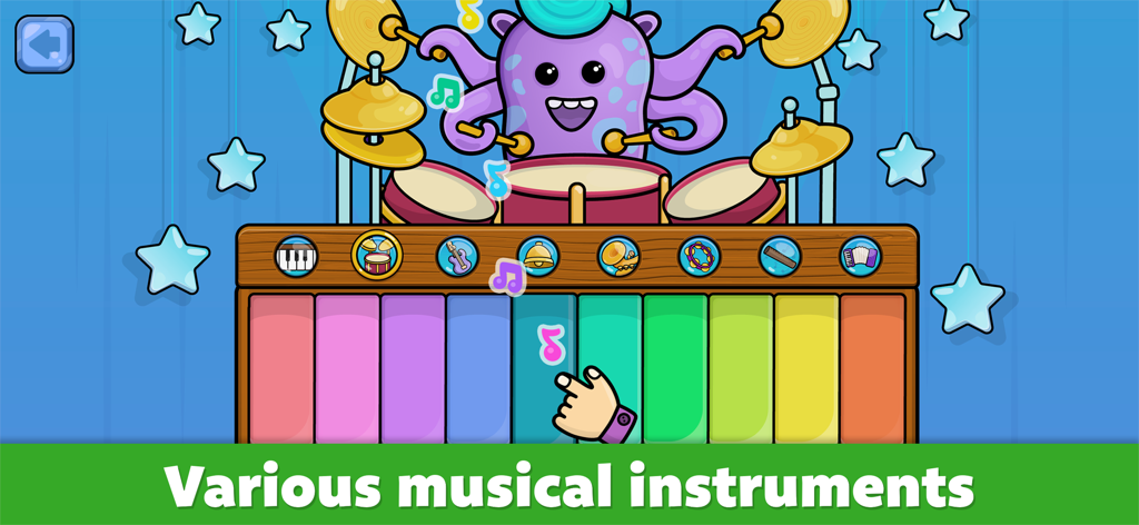 Baby piano for kids & toddlers - Baby piano game for kids featuring various musical instruments and a colorful keyboard.