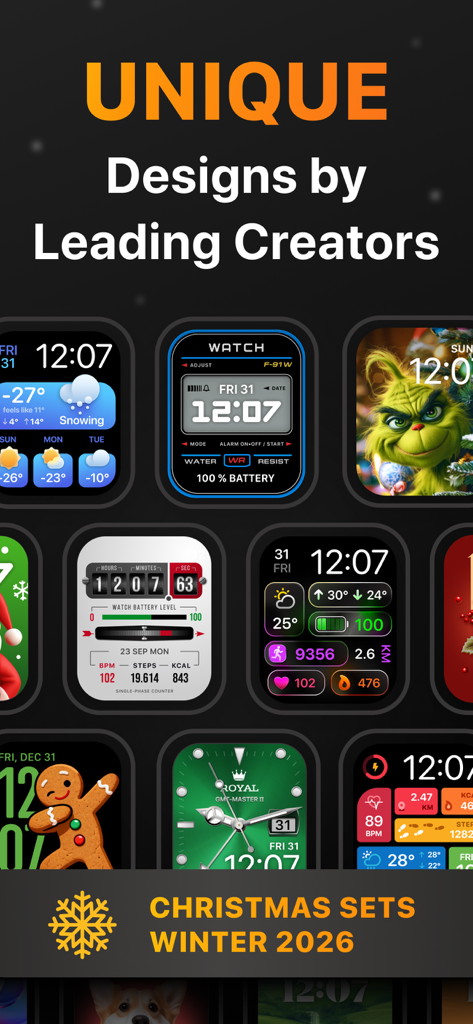 Watch Faces & Widgets Gallery - Una galería de diseños únicos de esferas de Apple Watch que incluyen conjuntos de temporada de Navidad e Invierno