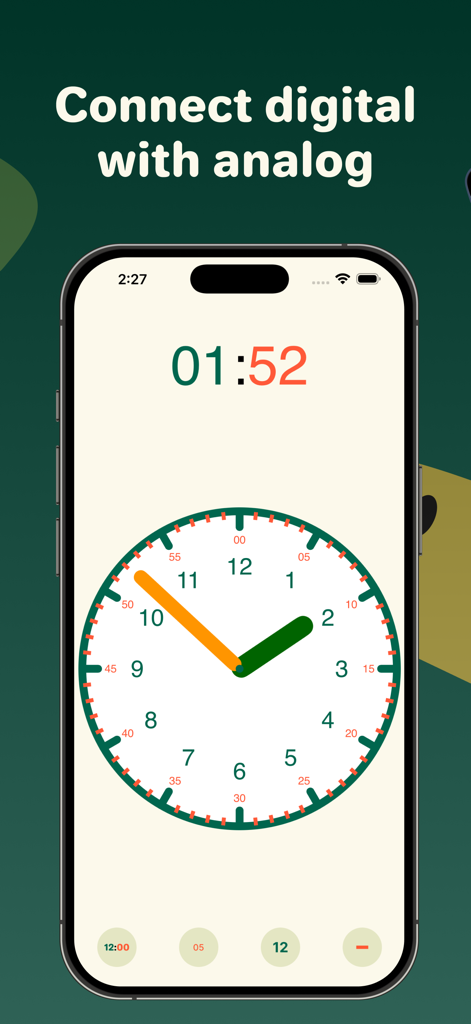 Clock Helper - iPhone screen displaying the Clock Helper app interface which synchronizes a digital clock with an interactive analog clock to help children learn to tell time