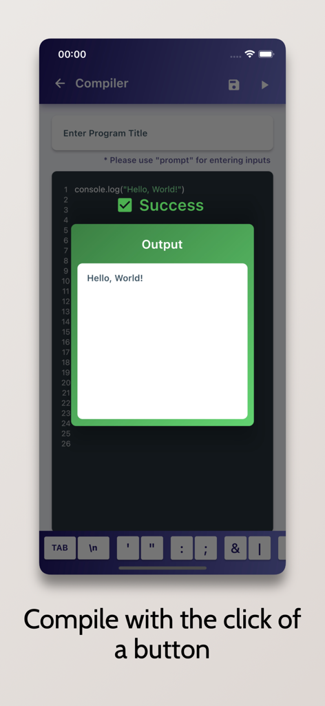 Editor de código JavaScript em um dispositivo móvel mostrando uma janela de execução bem-sucedida com saída Hello World