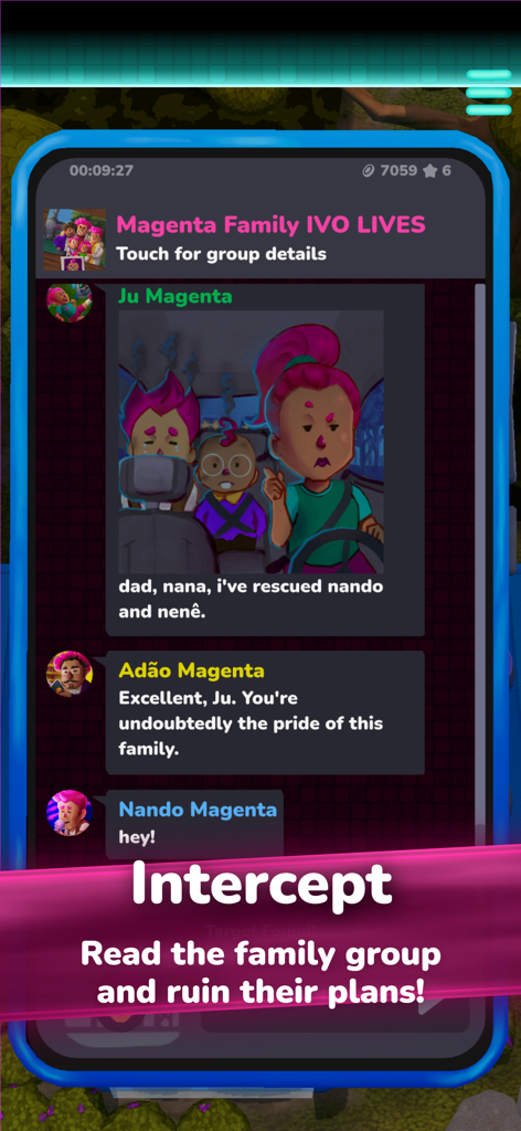 Una captura de pantalla de la interfaz del chat grupal de la familia Magenta siendo interceptada en el juego Magenta Arcade II.
