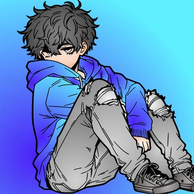 a male hoddie ripped jeans messy hair anime