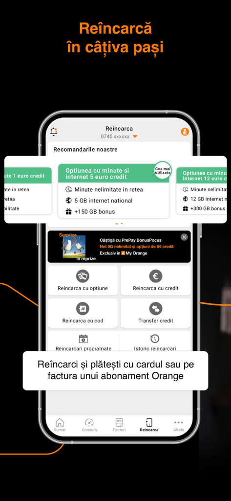 My Orange Romania app recharge screen showing prepay options and credit transfer features