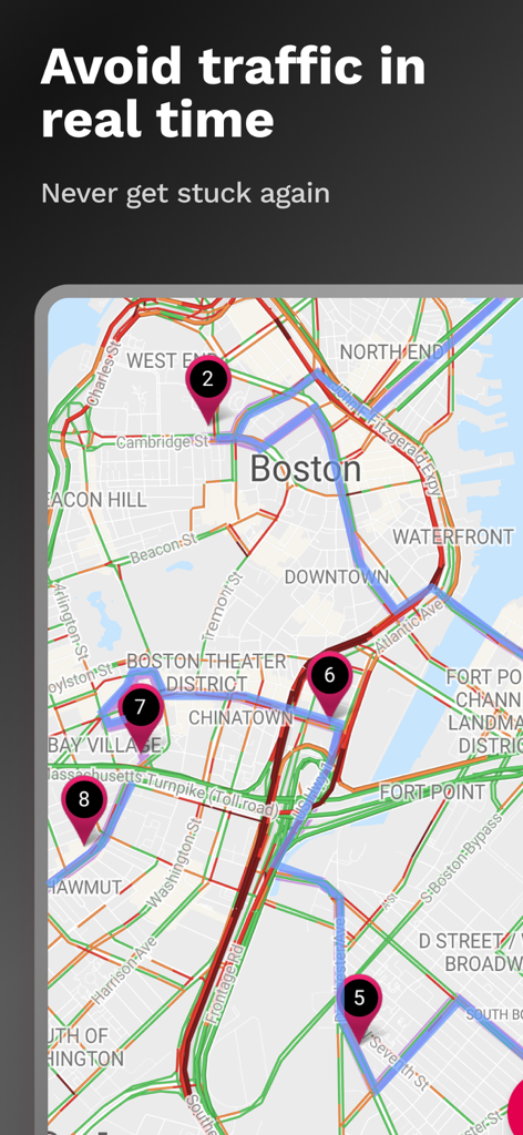 RoadWarrior Route Planner - RoadWarriorアプリのインターフェース。ボストンのリアルタイム交通地図に番号付きの配達ストップを表示。