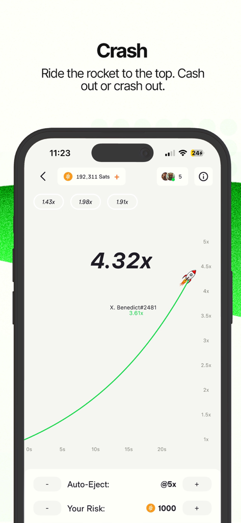 Screenshot of the Crash game in the Ember app showing a rocket icon climbing a rising multiplier graph