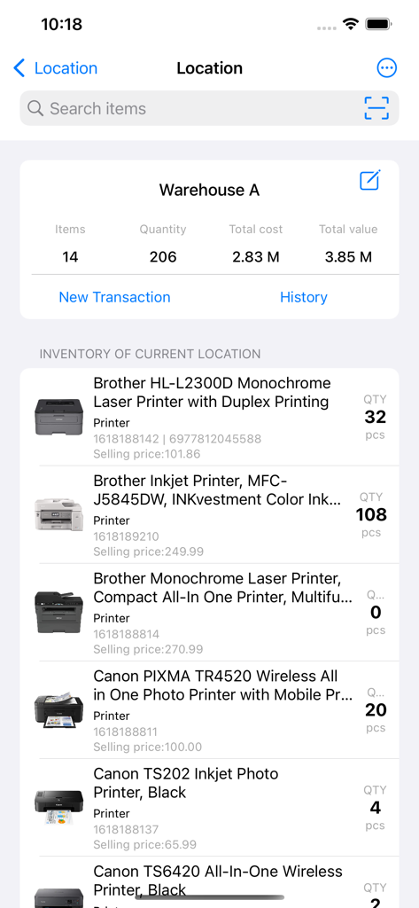 Power Inventory - Cloud WMS - Mobile app screen showing a detailed inventory list for a warehouse including product quantities and total stock value