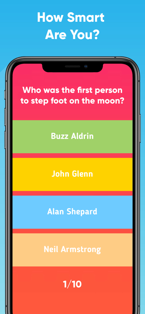 Pergunta de quiz sobre a primeira pessoa na lua no aplicativo Teste Estúpido.