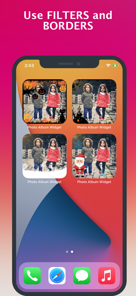 Photo Album Widget - Cuatro widgets de fotos de iPhone con filtros temáticos y bordes decorativos como Halloween y Navidad