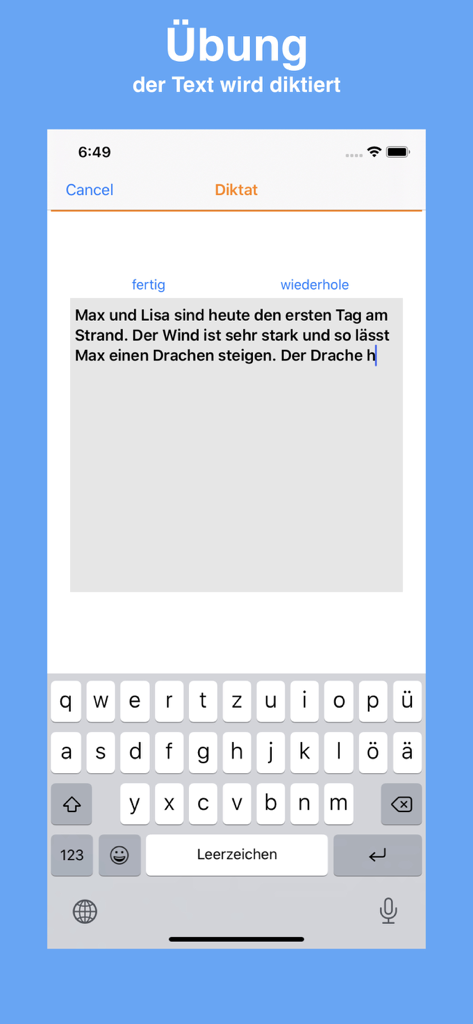 Interface of the Diktat Trainer app showing a text dictation exercise with an on-screen keyboard.