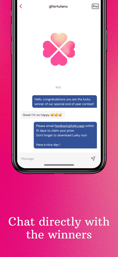 Lukky - Social Giveaways - Direct messaging interface in the Lukky app for contacting contest winners