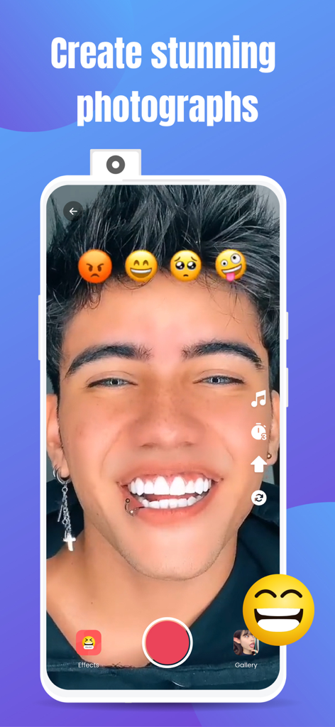 Emoji Challenge: Funny Filters - A user interacting with the Emoji Challenge app to create funny filter photographs with emojis.