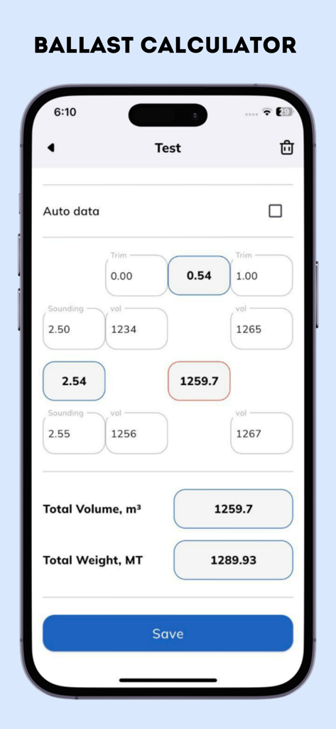 Bridge Calc: Draft & Ballast - Screenshot of the Ballast Calculator module in the Bridge Calc app showing vessel tank data and volume calculations