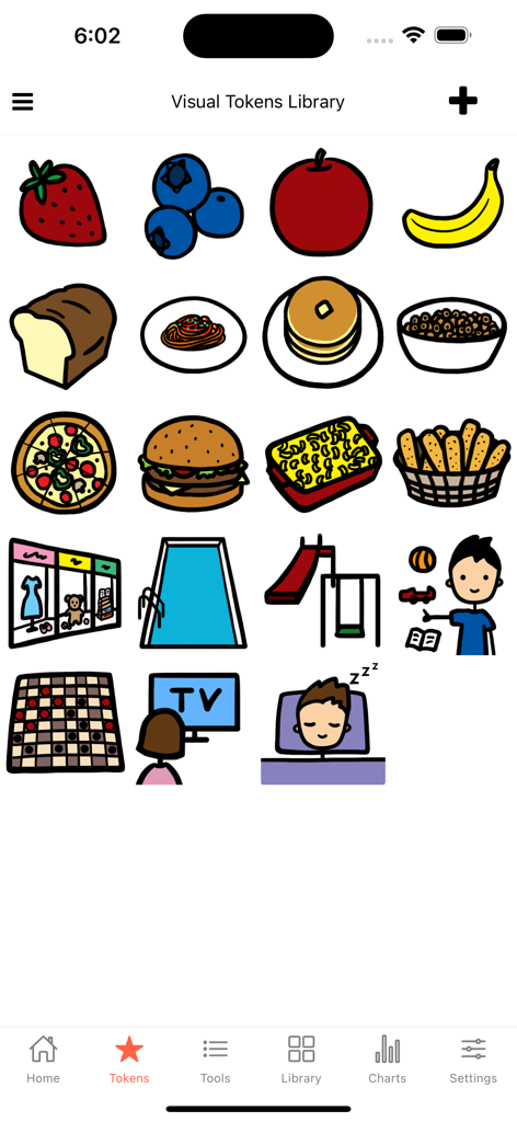Visual Cue - Visual Tokens Library interface in the Visual Cue app showing colorful icons for food and daily activities.
