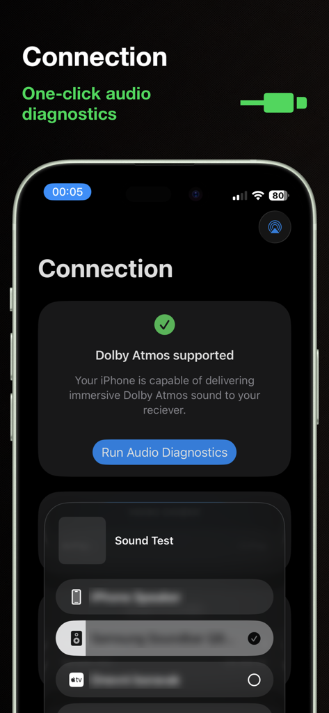 Sound test for Dolby Atmos - Oberfläche zur Überprüfung der Dolby Atmos-Unterstützung und Audio-Diagnose auf einem iPhone